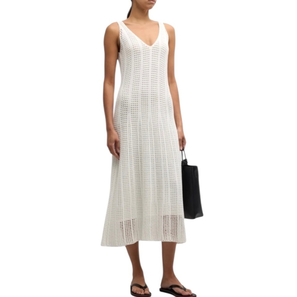Vince Mesh Grid Godet Midi-Dress in Off White M